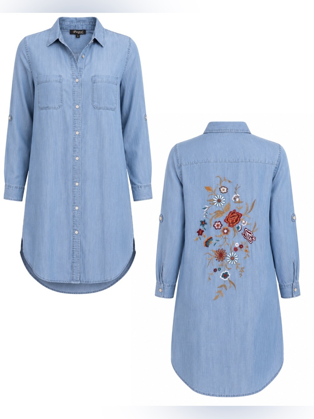 Papa Vancouver Lyocell Embroidered Denim Shirt Dress NWT Small